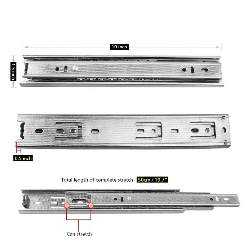 URBEST Drawer Slides, URBEST 10 Inch Full Extension 3 Section Ball Bearing Side Mounted Drawer Slider for Cabinet Kitchen (10-Inch) - Image 2